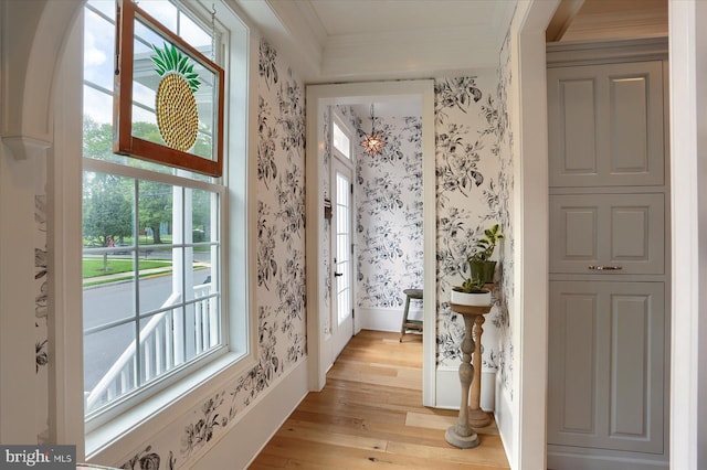65 S College St, Carlisle, PA 17013 - hallway featuring wallpapered walls, ornamental molding, light wood finished floors, and healthy amount of natural light