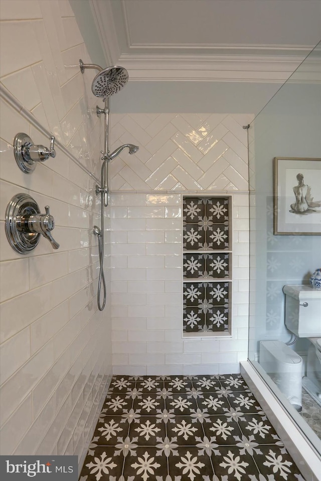 65 S College St, Carlisle, PA 17013 - full bath with a stall shower, crown molding, toilet, and tile patterned floors