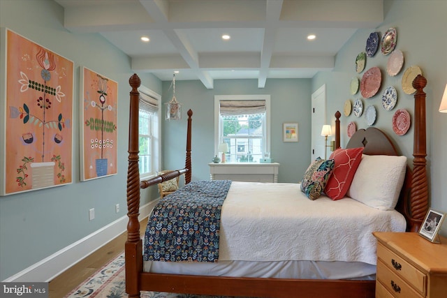 65 S College St, Carlisle, PA 17013 - bedroom with recessed lighting, wood finished floors, baseboards, coffered ceiling, and beamed ceiling