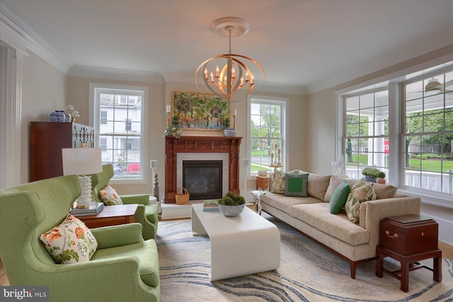 65 S College St, Carlisle, PA 17013 - living room featuring a chandelier, ornamental molding, a high end fireplace, and wood finished floors