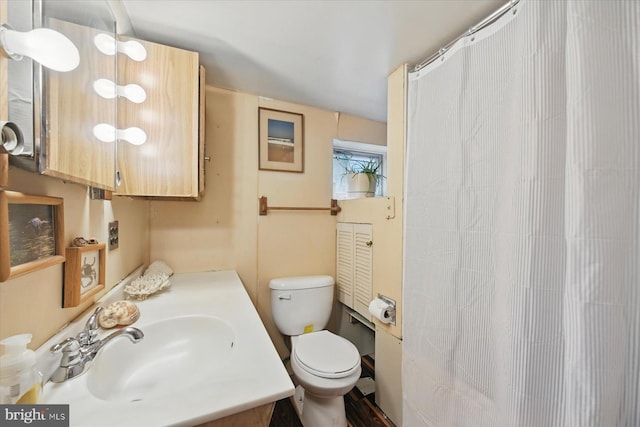 bathroom with toilet, vanity, and a shower with curtain