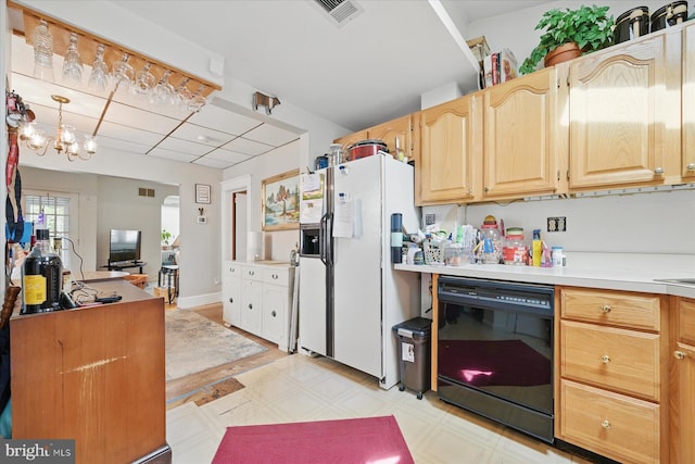 kitchen with dishwasher, white fridge with ice dispenser, light flooring, light brown cabinetry, and light countertops
