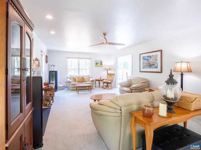 3919 Ruritan Lake Rd, Palmyra, VA 22963 - living room with healthy amount of natural light, light colored carpet, a ceiling fan, crown molding, and recessed lighting