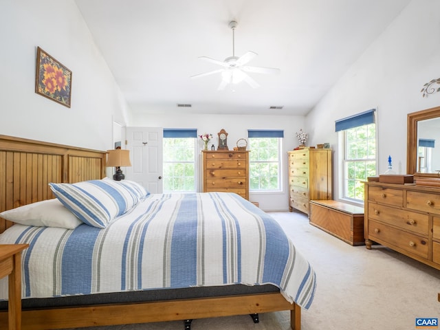 3919 Ruritan Lake Rd, Palmyra, VA 22963 - bedroom with light carpet, ceiling fan, and high vaulted ceiling