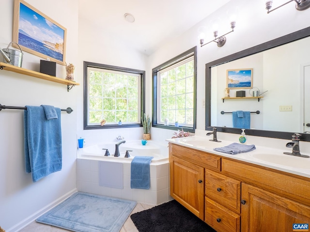 3919 Ruritan Lake Rd, Palmyra, VA 22963 - full bathroom featuring a bath, double vanity, tile patterned flooring, and lofted ceiling