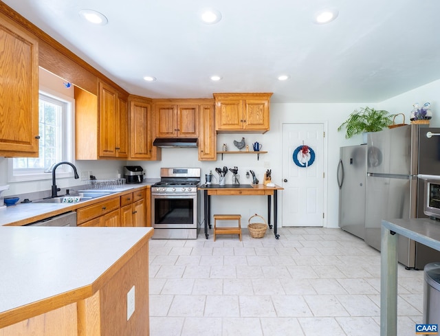 3919 Ruritan Lake Rd, Palmyra, VA 22963 - kitchen with appliances with stainless steel finishes, a sink, under cabinet range hood, recessed lighting, and light countertops