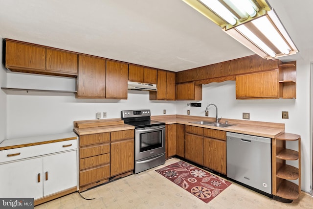 10699 Harding Rd, Laurel, MD 20723 - kitchen with stainless steel appliances, open shelves, a sink, under cabinet range hood, and brown cabinets