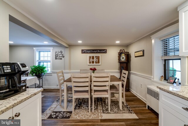 1626 Lampeter Rd, Lancaster, PA 17602 - dining room featuring recessed lighting, dark wood-style flooring, crown molding, baseboards, and radiator