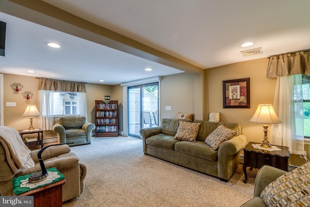 1626 Lampeter Rd, Lancaster, PA 17602 - living area featuring carpet floors, recessed lighting, baseboard heating, and a baseboard heating unit
