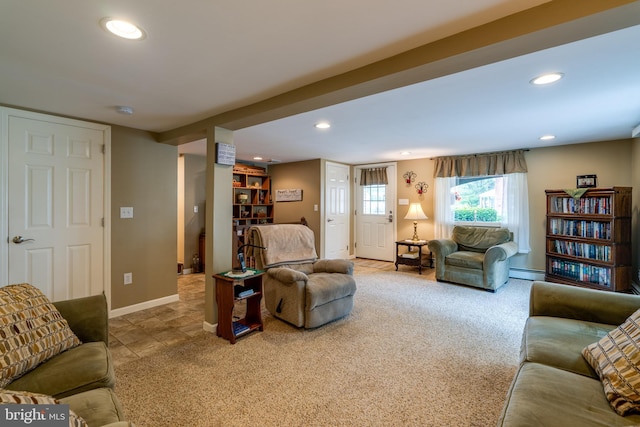 1626 Lampeter Rd, Lancaster, PA 17602 - living room with baseboard heating, recessed lighting, baseboards, and carpet floors