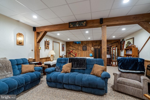 1626 Lampeter Rd, Lancaster, PA 17602 - living room featuring carpet flooring, wood walls, recessed lighting, and beamed ceiling