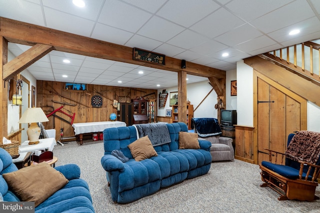 1626 Lampeter Rd, Lancaster, PA 17602 - carpeted living area featuring wood walls, stairway, recessed lighting, and a drop ceiling