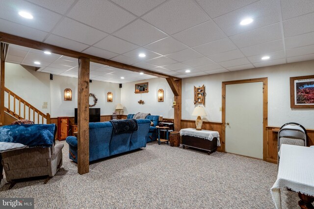 1626 Lampeter Rd, Lancaster, PA 17602 - carpeted living room with a wainscoted wall, recessed lighting, wood walls, and stairs