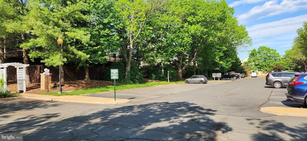 view of asphalt street featuring curbs and street lights