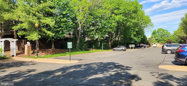 view of asphalt street featuring curbs and street lights