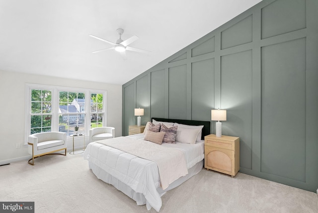 2619 Stone Mountain Ct, Herndon, VA 20170 - bedroom featuring light colored carpet, vaulted ceiling, a decorative wall, and a ceiling fan