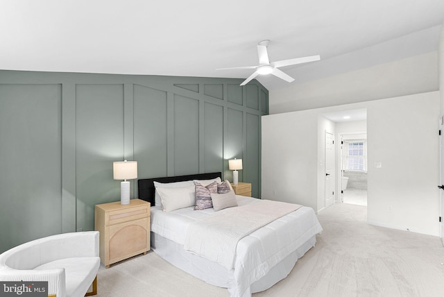 2619 Stone Mountain Ct, Herndon, VA 20170 - bedroom featuring light carpet, vaulted ceiling, a ceiling fan, and ensuite bath