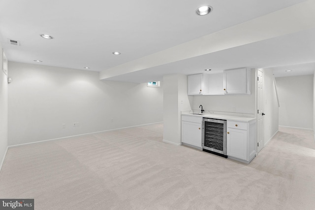 2619 Stone Mountain Ct, Herndon, VA 20170 - indoor wet bar featuring beverage cooler, baseboards, light carpet, and recessed lighting