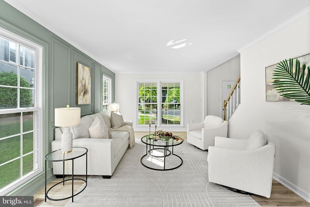 2619 Stone Mountain Ct, Herndon, VA 20170 - living room with stairs, ornamental molding, healthy amount of natural light, wood finished floors, and baseboards