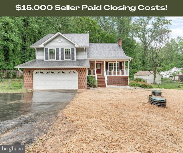 8328 Ridge View Rd, Lusby, MD 20657 - view of front of property featuring a porch, asphalt driveway, a garage, a chimney, and brick siding