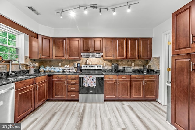 8328 Ridge View Rd, Lusby, MD 20657 - kitchen with appliances with stainless steel finishes, under cabinet range hood, a sink, and light wood-style flooring