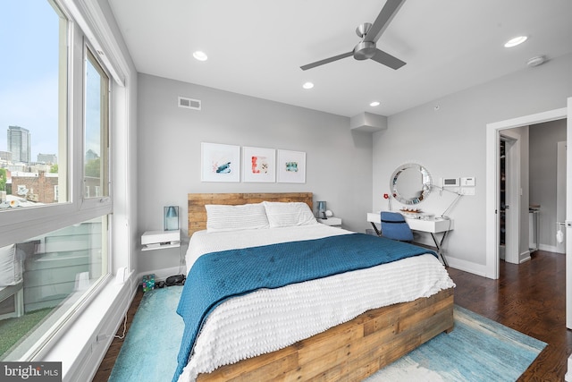 721 S Smedley St, Philadelphia, PA 19146 - bedroom with baseboards, wood finished floors, recessed lighting, and a ceiling fan