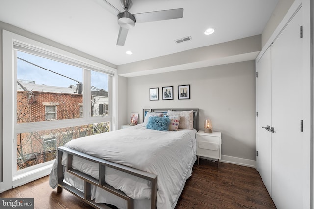 721 S Smedley St, Philadelphia, PA 19146 - bedroom featuring baseboards, wood finished floors, recessed lighting, ceiling fan, and a closet