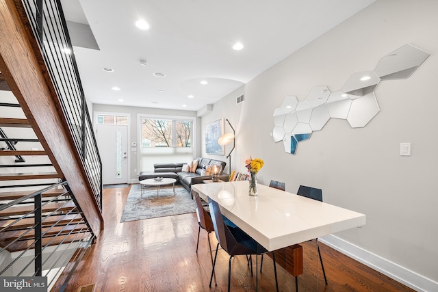 721 S Smedley St, Philadelphia, PA 19146 - dining area with stairway, wood finished floors, baseboards, and recessed lighting