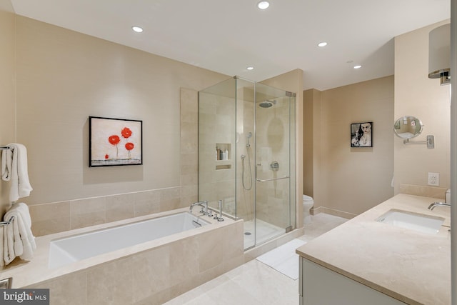 50 S 16th St Unit 5401, Philadelphia, PA 19102 - full bathroom with tile patterned floors, a shower stall, a garden tub, vanity, and recessed lighting