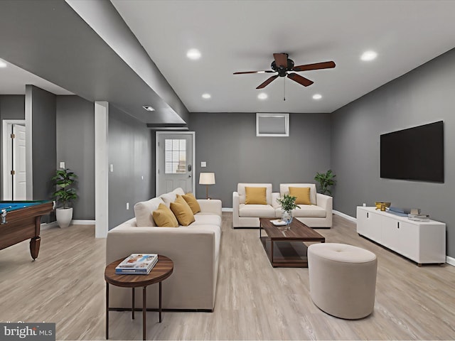 17494 Lethridge Cir, Round Hill, VA 20141 - living area featuring light wood-type flooring, a ceiling fan, billiards table, and recessed lighting