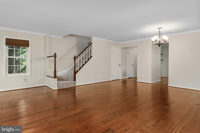 103 Barnsfield Ct Unit 227, Gaithersburg, MD 20878 - unfurnished living room with a chandelier, stairs, hardwood / wood-style floors, ornamental molding, and baseboards
