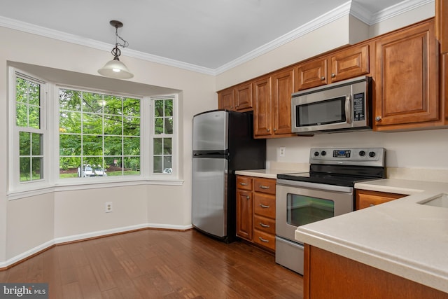 103 Barnsfield Ct Unit 227, Gaithersburg, MD 20878 - kitchen with stainless steel appliances, light countertops, brown cabinetry, crown molding, and baseboards