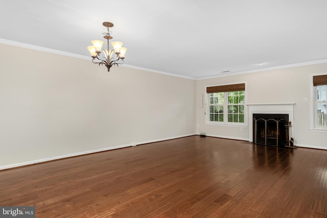 103 Barnsfield Ct Unit 227, Gaithersburg, MD 20878 - unfurnished living room featuring a chandelier, crown molding, dark wood-type flooring, baseboards, and a fireplace with flush hearth
