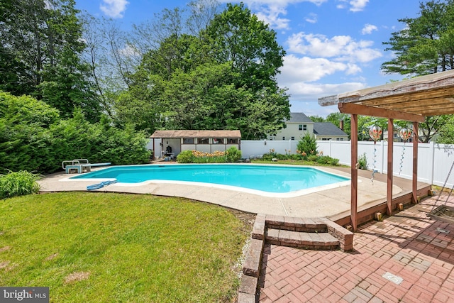 2 Tomahawk Dr, Marlton, NJ 08053 - view of pool featuring a patio area, an outdoor structure, a pergola, and a diving board
