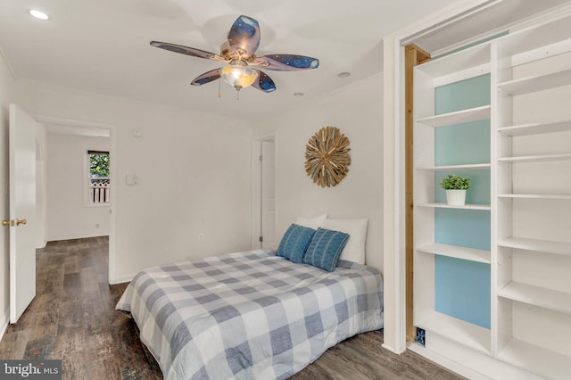 735 Shore Dr, Edgewater, MD 21037 - bedroom with wood finished floors, crown molding, recessed lighting, and a ceiling fan