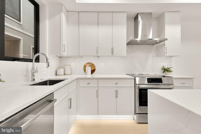 503 L St NE Unit B, Washington, DC 20002 - kitchen with appliances with stainless steel finishes, wall chimney exhaust hood, a sink, and white cabinets