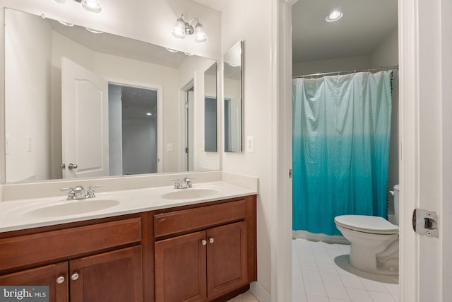 42030 Zircon Dr, Aldie, VA 20105 - bathroom with toilet, double vanity, tile patterned floors, and curtained shower