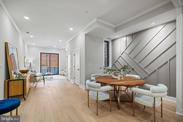 1407 1st St NW Unit 1, Washington, DC 20001 - dining space with crown molding, light wood-style flooring, stairs, baseboards, and recessed lighting