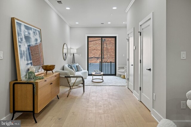 1407 1st St NW Unit 1, Washington, DC 20001 - hallway featuring light wood-style floors, crown molding, baseboards, and recessed lighting