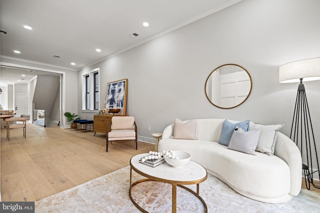 1407 1st St NW Unit 1, Washington, DC 20001 - living room featuring crown molding, light wood-type flooring, baseboards, and recessed lighting
