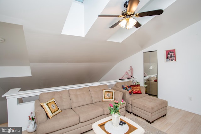 48 Bonnie Gellman Ct Unit B48, Philadelphia, PA 19114 - living area with a skylight, lofted ceiling, wood finished floors, and a ceiling fan