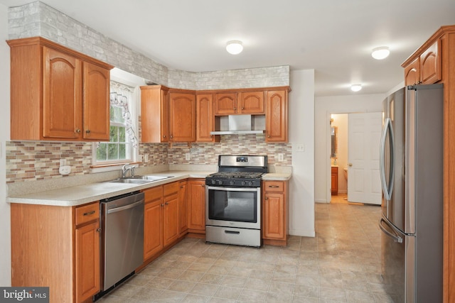 kitchen featuring stainless steel appliances, a sink, decorative backsplash, and wall chimney exhaust hood