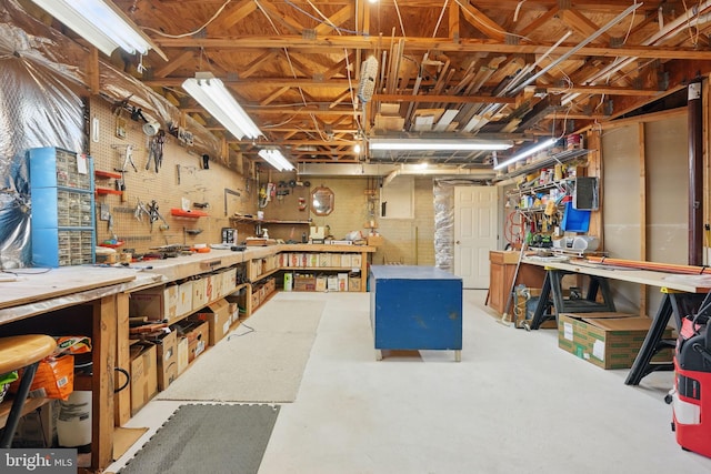basement with a workshop area