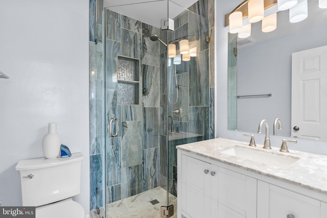full bath featuring vanity, a shower stall, and toilet