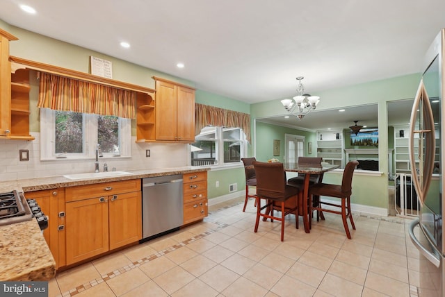 11 Moro Dr, Hamilton, NJ 08619 - kitchen with stainless steel appliances, a sink, open shelves, a chandelier, and backsplash