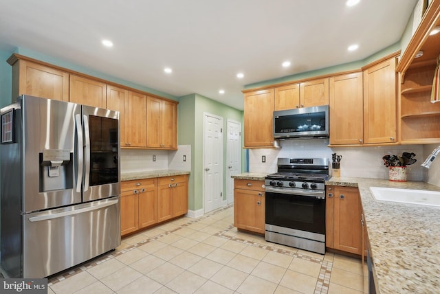 11 Moro Dr, Hamilton, NJ 08619 - kitchen featuring appliances with stainless steel finishes, a sink, open shelves, decorative backsplash, and recessed lighting