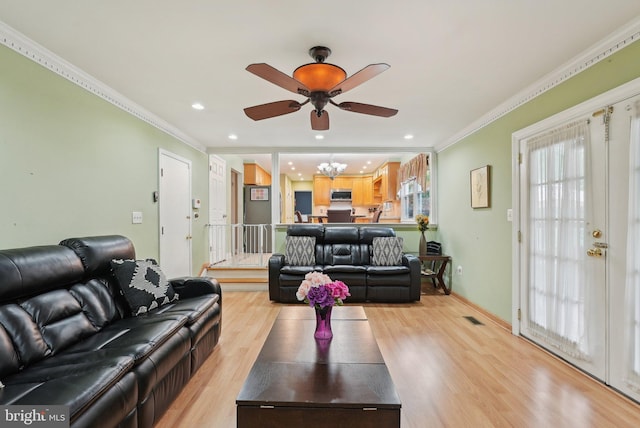11 Moro Dr, Hamilton, NJ 08619 - living room with a ceiling fan, light wood finished floors, a chandelier, crown molding, and recessed lighting