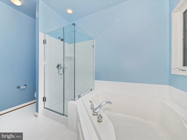 12318 Cherry Branch Dr, Clarksburg, MD 20871 - bathroom featuring a stall shower, a bath, tile patterned flooring, toilet, and recessed lighting