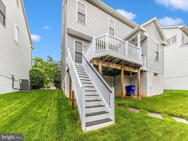 12318 Cherry Branch Dr, Clarksburg, MD 20871 - rear view of property with central AC unit, a wooden deck, stairway, and a yard