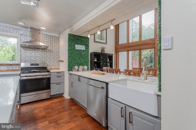 7430 Joes Creek Rd, Linville, VA 22834 - kitchen featuring wall chimney exhaust hood, appliances with stainless steel finishes, gray cabinetry, rail lighting, and backsplash